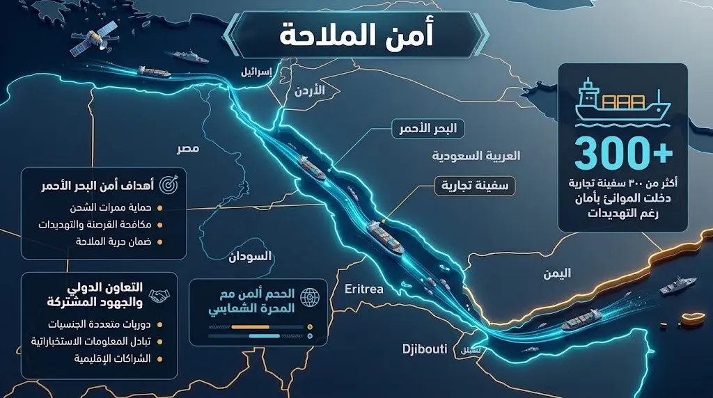 إنفوجرافيك احترافي يوضح تأمين حركة الملاحة في البحر الأحمر وإحصائيات عبور السفن التجارية بأمان.