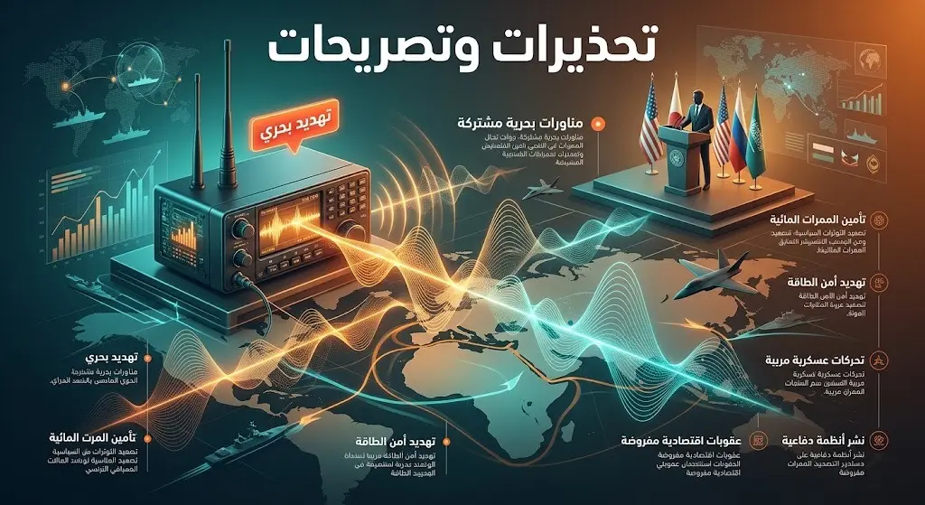 تصميم تعبيري يبرز تصاعد التوتر والتحذيرات العسكرية المتبادلة بشأن أمن الملاحة في الخليج.
