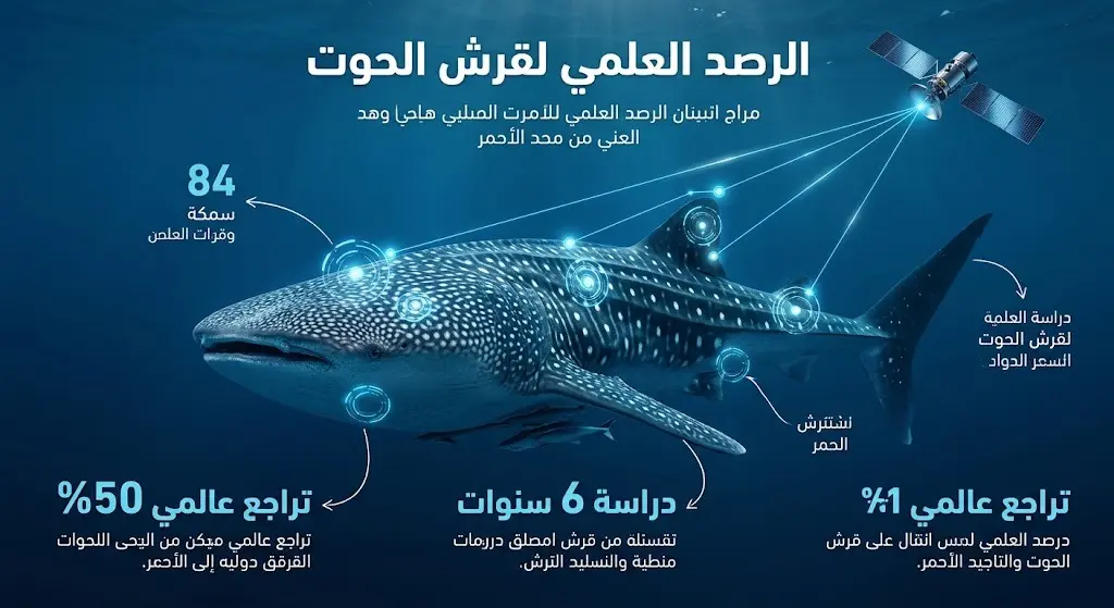 تصميم إنفوجرافيك يوضح جهود الرصد العلمي وتتبع أسماك قرش الحوت باستخدام التقنيات الحديثة مع أبرز الإحصاءات.
