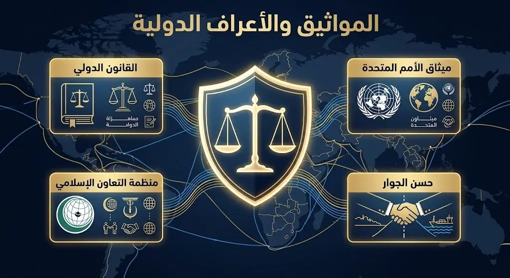 تصميم بياني يبرز المواثيق الدولية وقواعد حسن الجوار التي تنتهكها التجاوزات الإقليمية.