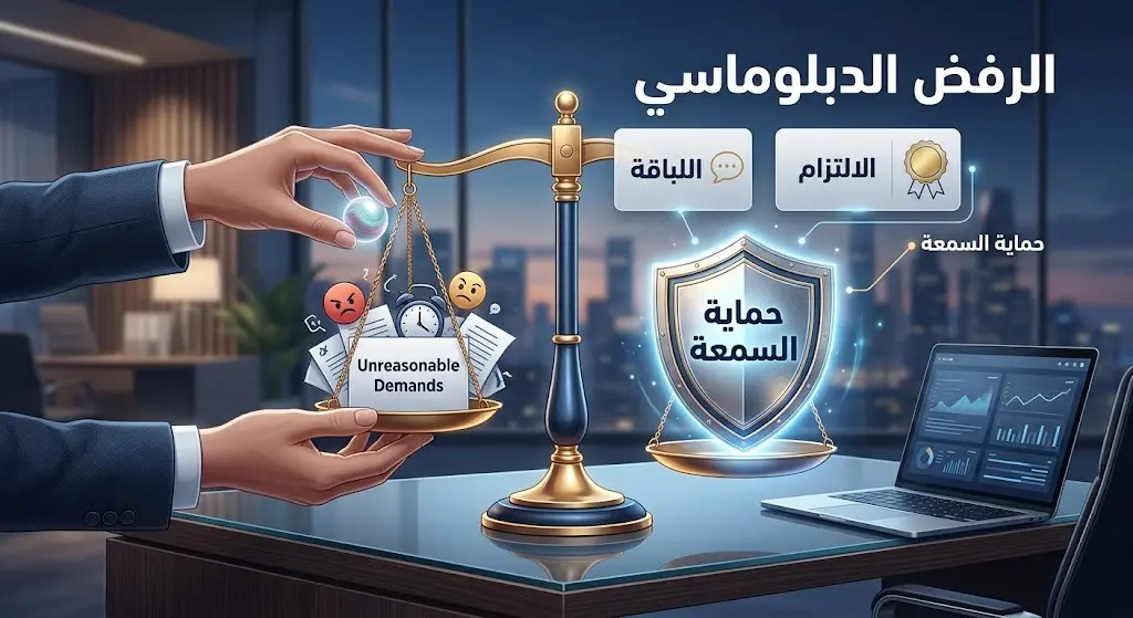 تصميم احترافي يجسد مفهوم الرفض الدبلوماسي لطلبات العملاء غير المنطقية للحفاظ على سمعة المنشأة.