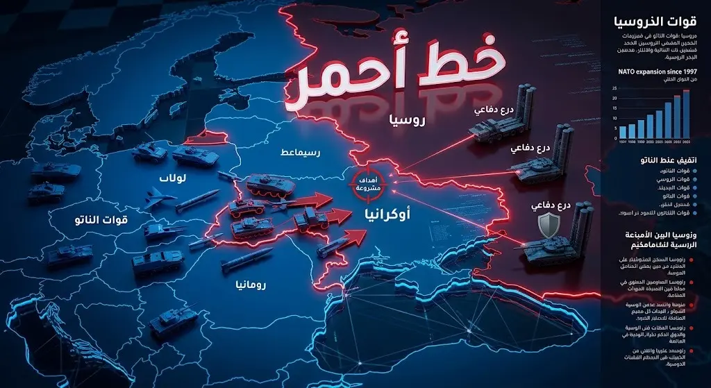 إنفوجرافيك تعبيري يوضح الموقف الروسي الرافض لتواجد قوات الناتو في أوكرانيا مع تصنيفها كأهداف عسكرية مشروعة.