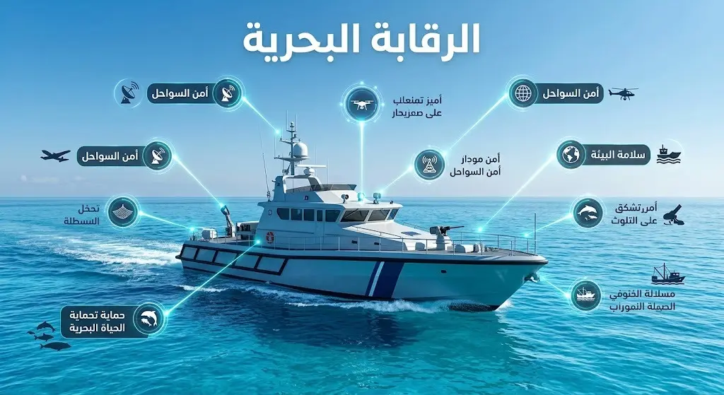 رسم بياني وتعبيري يوضح دور الرقابة البحرية في رصد التجاوزات وضمان سلامة البيئة البحرية.