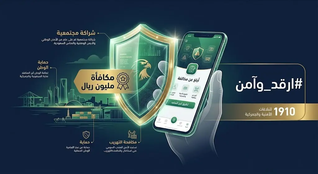 تصميم إبداعي يعبر عن الشراكة المجتمعية مع الرقابة الجمركية لحماية أمن الوطن، مع إبراز رقم البلاغات 1910 ووسم حملة ارقد وآمن.