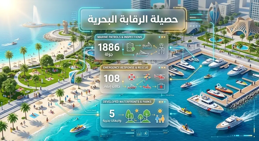 إنفوجرافيك إبداعي يستعرض إحصائيات الرقابة البحرية في جدة لموسم صيف 2026، متضمناً أرقام الجولات الميدانية وحالات الإنقاذ وسط تصميم يبرز جمال الواجهة الساحلية.