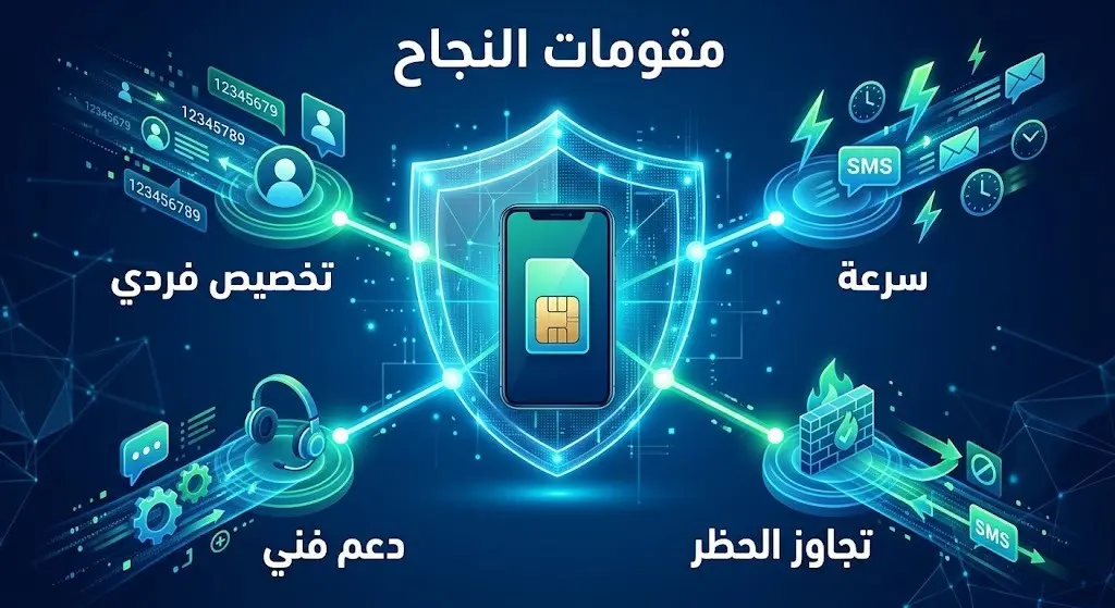 شكل توضيحي يعرض مقومات نجاح الرقم المؤقت الحقيقي مثل التخصيص الفردي وسرعة الاستقبال.