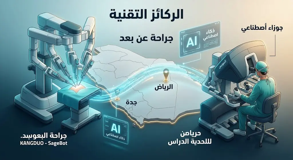 تصميم معلوماتي يوضح مسار الجراحة الروبوتية عن بُعد بين الرياض وجدة والتقنيات المستخدمة مثل الذكاء الاصطناعي وشبكات الاتصال السريعة.