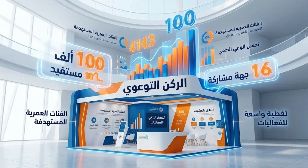 إنفوجرافيك ثلاثي الأبعاد يستعرض إحصائيات الركن التوعوي المتمثلة في 100 ألف مستفيد ومشاركة 16 جهة.