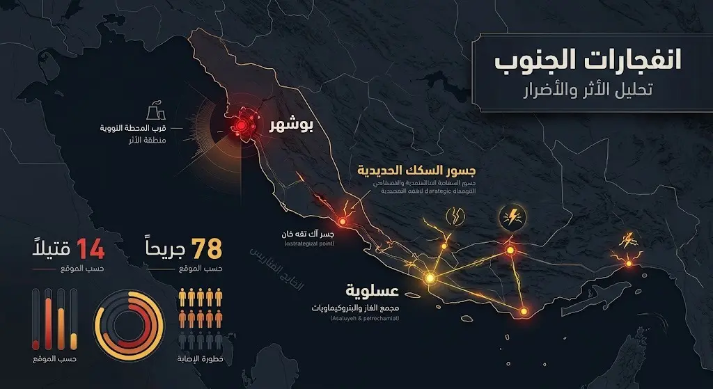 تصميم مرئي يعرض مواقع الانفجارات في بوشهر وعسلوية جنوبي إيران، مع إحصائيات دقيقة للخسائر البشرية.