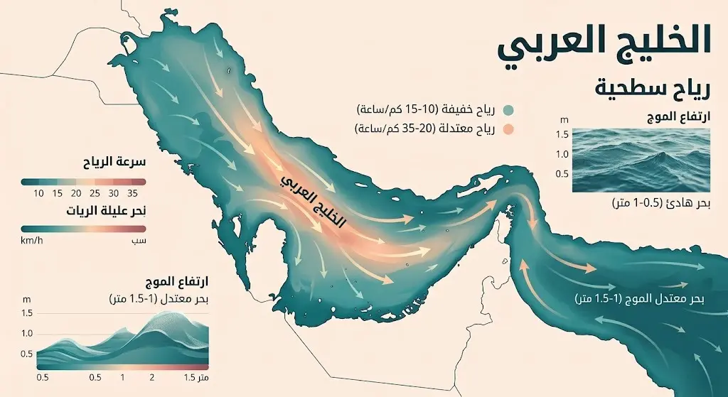 تصميم بياني يستعرض اتجاهات وسرعات الرياح السطحية وحالة الموج في الأجزاء المختلفة للخليج العربي.