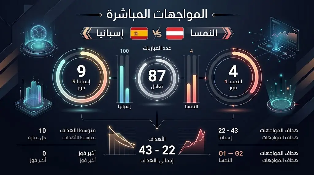 إنفوجرافيك بياني يستعرض إحصاءات وتاريخ المواجهات المباشرة بين إسبانيا والنمسا