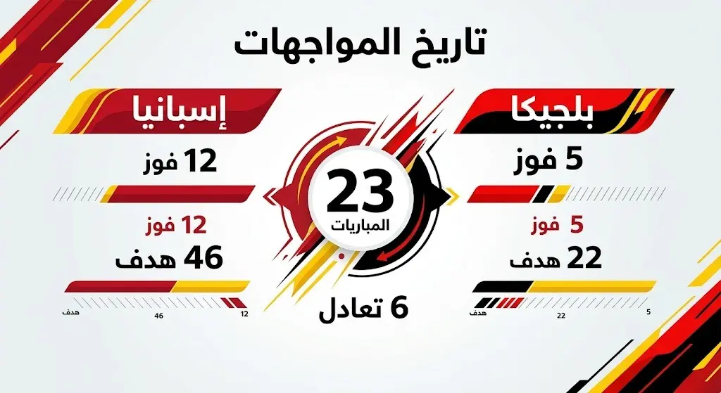 إنفوجرافيك يوضح السجل التاريخي لمواجهات إسبانيا وبلجيكا، مبرزاً تفوق المنتخب الإسباني بـ 12 انتصاراً و46 هدفاً عبر التاريخ.