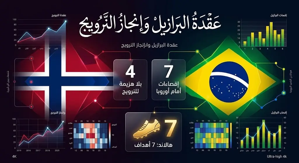 تصميم بياني يبرز تفوق النرويج التاريخي على البرازيل والعقدة الأوروبية لراقصي السامبا
