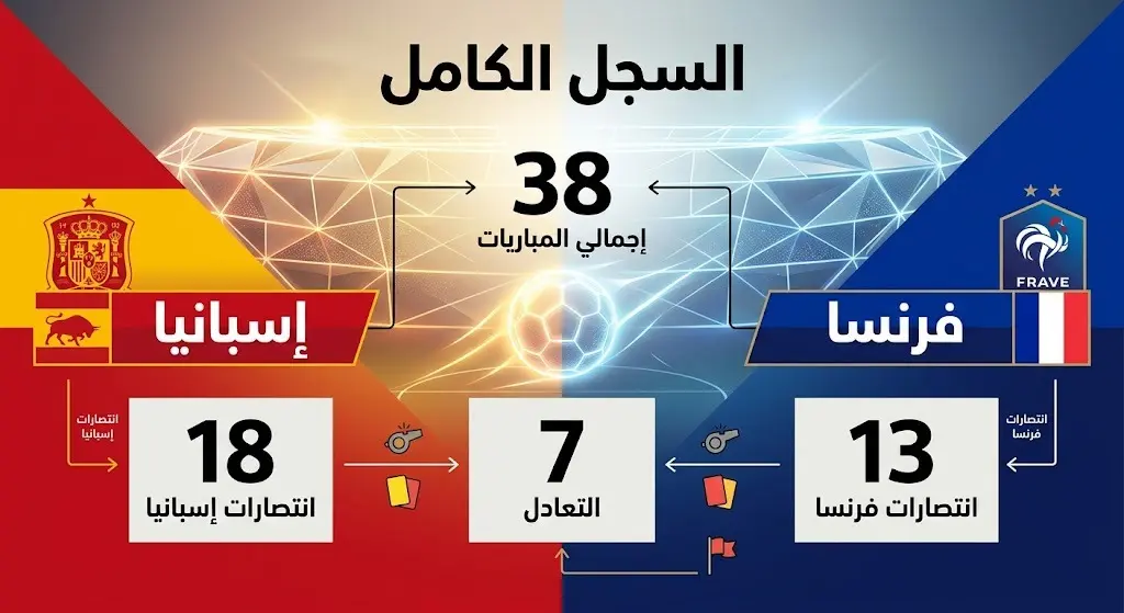 إنفوجرافيك يوضح السجل الكامل لمواجهات منتخبي فرنسا وإسبانيا متضمناً عدد الانتصارات والتعادلات والأهداف.