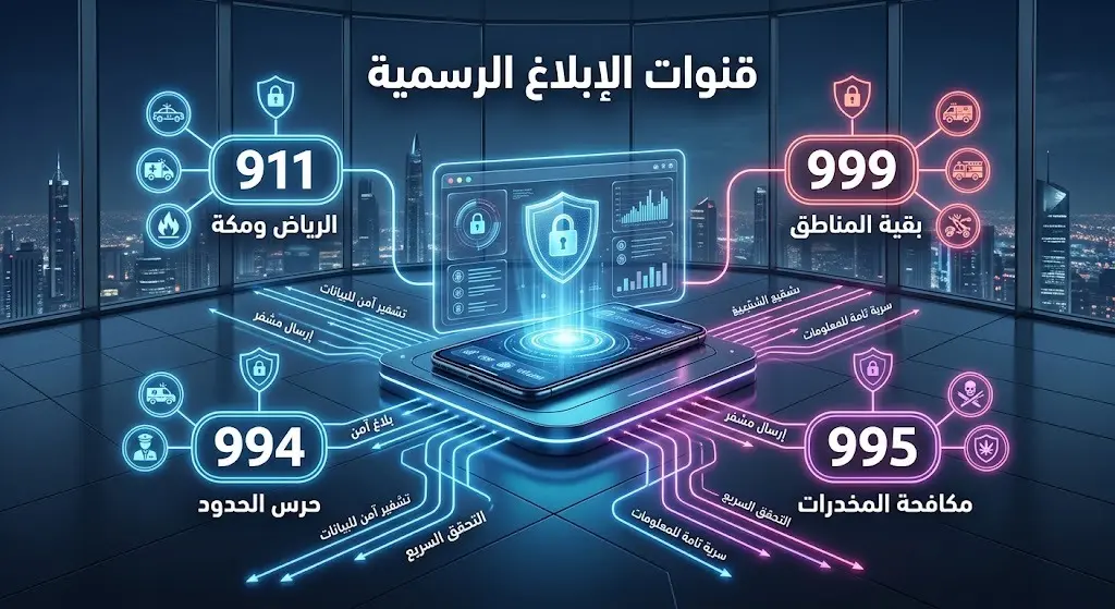 تصميم بصري حديث يوضح أرقام قنوات الإبلاغ الرسمية الأمنية المختلفة في المملكة باختلاف المناطق وجهات الاختصاص.