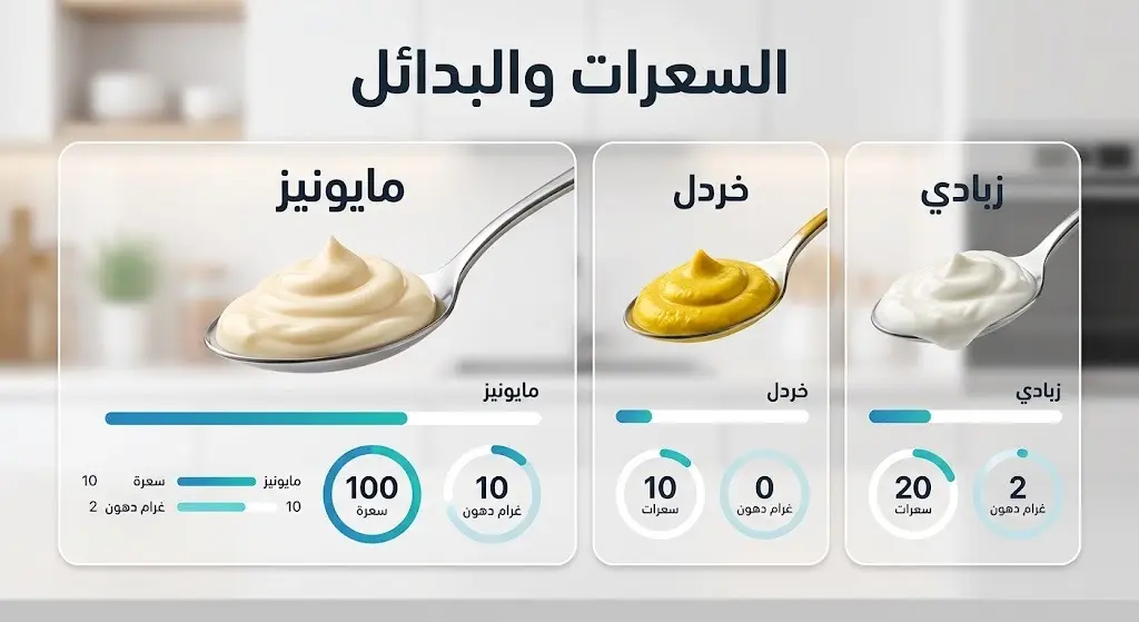 إنفوجرافيك يقارن السعرات الحرارية ومحتوى الدهون بين المايونيز والبدائل الأخرى كالخردل والزبادي