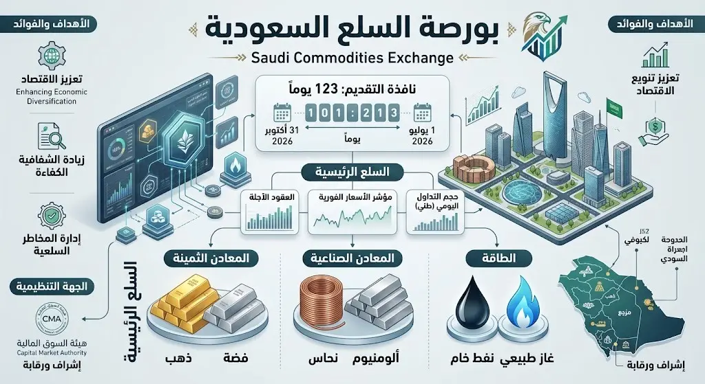 تصميم إنفوجرافيك يوضح إطلاق رخصة بورصة السلع السعودية، ويستعرض فترة التقديم المحددة بـ 123 يوماً بداية من 1 يوليو 2026 في بيئة مالية حديثة.