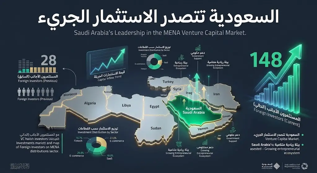 تصميم بياني يوضح خريطة الشرق الأوسط مع إبراز السعودية، مصحوباً بمؤشرات صعودية وأرقام تعكس تضاعف أعداد المستثمرين الأجانب.