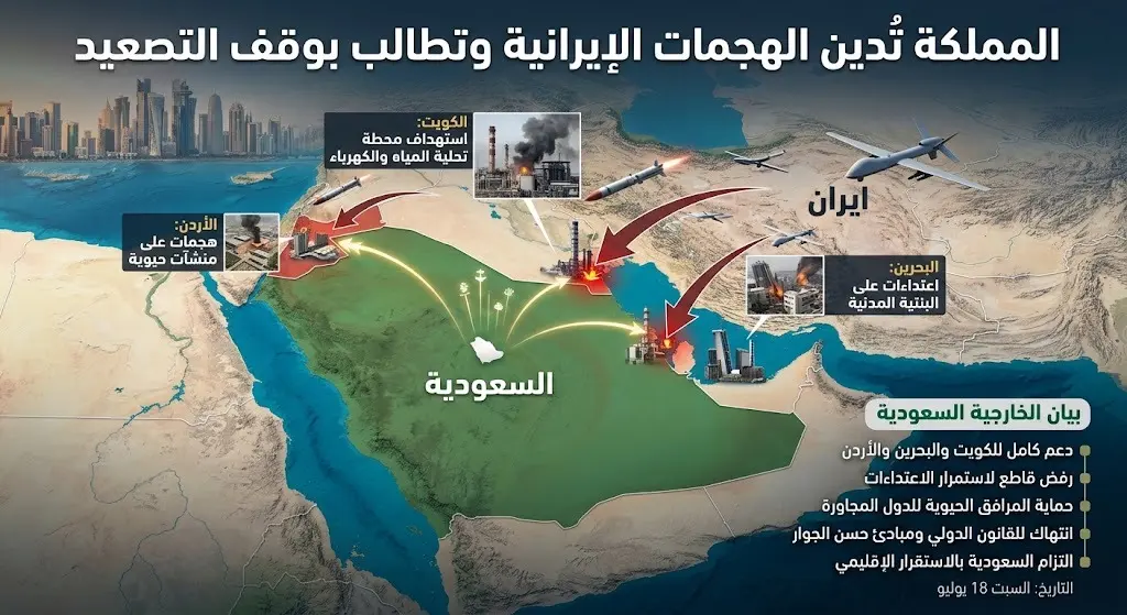السعودية تدين بأشد العبارات الهجمات الإيرانية على الكويت والبحرين والأردن وتطالب بوقف التصعيد