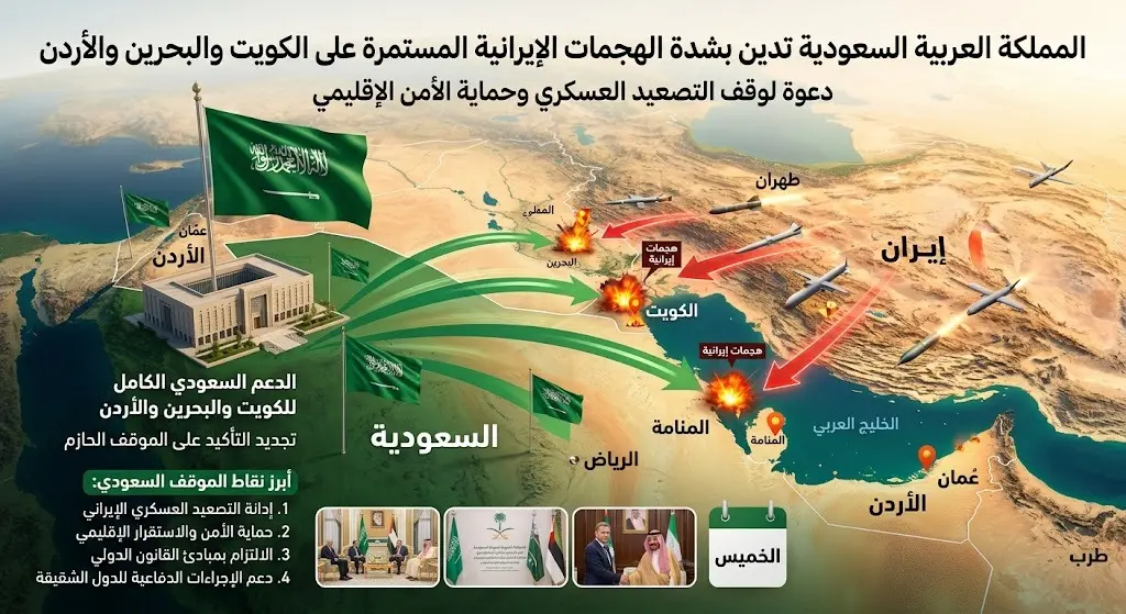 السعودية تدين بشدة الهجمات الإيرانية المستمرة على الكويت والبحرين والأردن وتطالب بوقف التصعيد العسكري