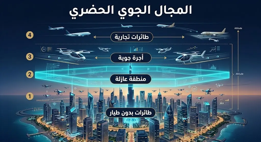 إنفوجرافيك يوضح تقسيم المجال الجوي الحضري في المدن إلى أربع طبقات: الطائرات بدون طيار، المنطقة العازلة، سيارات الأجرة الجوية، والطائرات التجارية فوق مدينة خليجية مستقبلية.