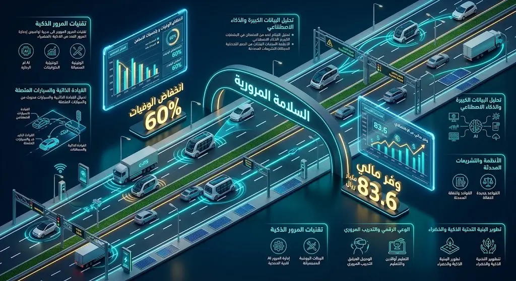 إنفوجرافيك يوضح انخفاض وفيات الحوادث المرورية بنسبة تجاوزت 60% وتحقيق وفر اقتصادي يقدر بـ 83.6 مليار ريال.