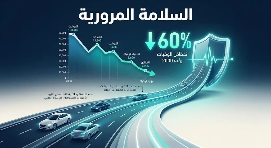 تصميم بياني وتعبيري يجسد الانخفاض التاريخي في وفيات الحوادث المرورية بنسبة تتجاوز 60% بفضل مبادرات التحول الصحي.