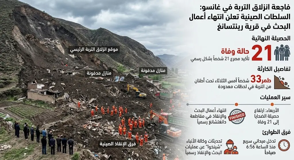 السلطات الصينية تعلن رسميا انتهاء أعمال البحث في انهيار غانسو بحصيلة 21 وفاة