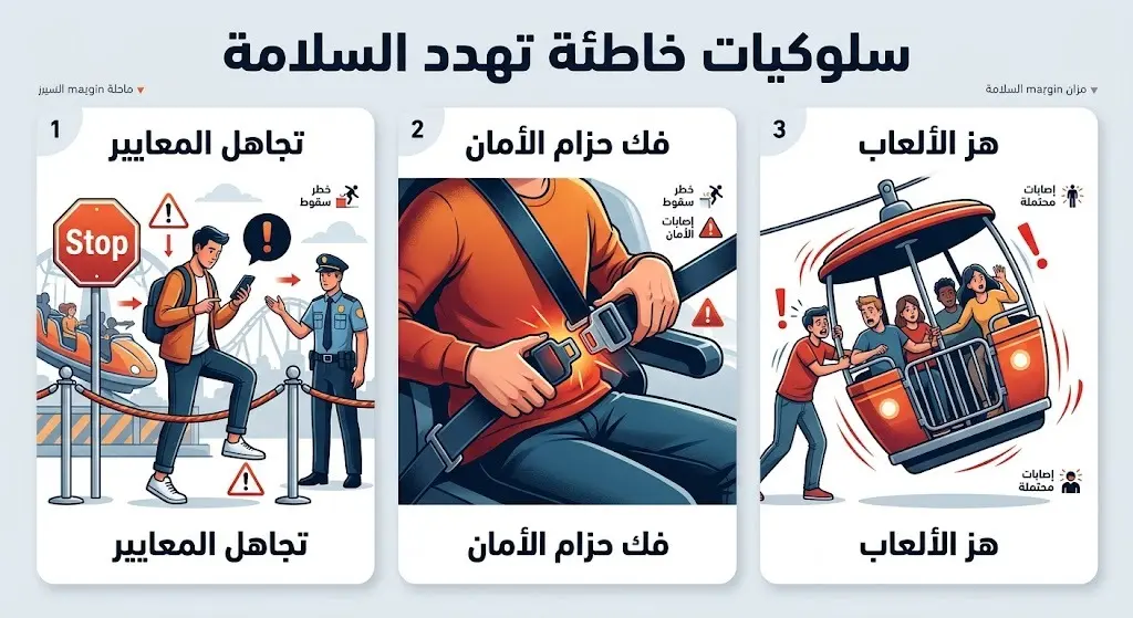 رسم توضيحي يحذر من السلوكيات البشرية الخاطئة في الملاهي مثل تجاهل معايير السلامة، فك حزام الأمان، وهز الألعاب.