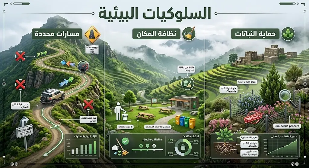 تصميم إنفوجرافيك يوضح السلوكيات البيئية المستهدفة في حملة صيف عسير، مثل الالتزام بالمسارات والنظافة وحماية النباتات.