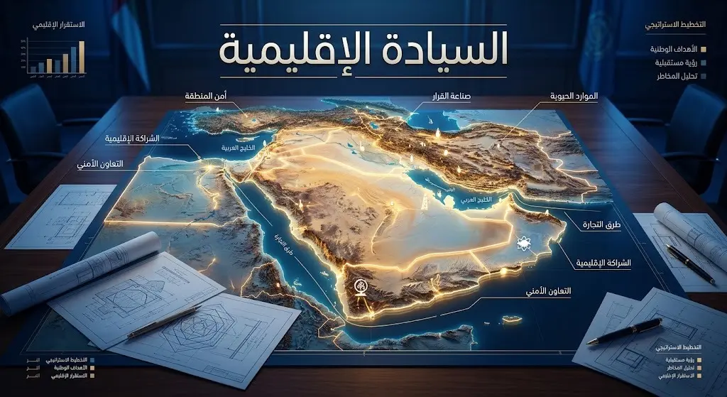 تصميم فني ثلاثي الأبعاد لخريطة الشرق الأوسط على طاولة قرارات سياسية، تتضمن نصوصاً عربية حول السيادة وصناعة القرار.