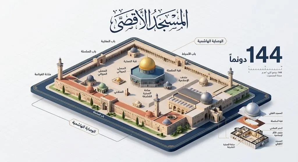 إنفوجرافيك يوضح مساحة المسجد الأقصى البالغة 144 دونماً وتأكيد الوصاية الهاشمية على المقدسات.