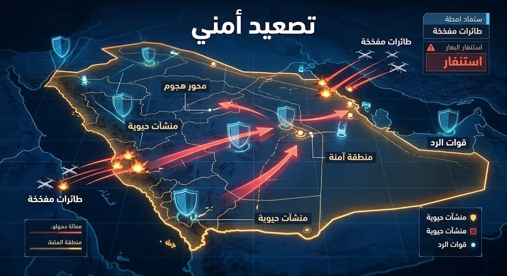 إنفوجرافيك أمني يعرض تصاعد الهجمات بالطائرات المسيرة المفخخة في محيط القنصلية بأربيل وإجراءات التأهب والحماية المتخذة.