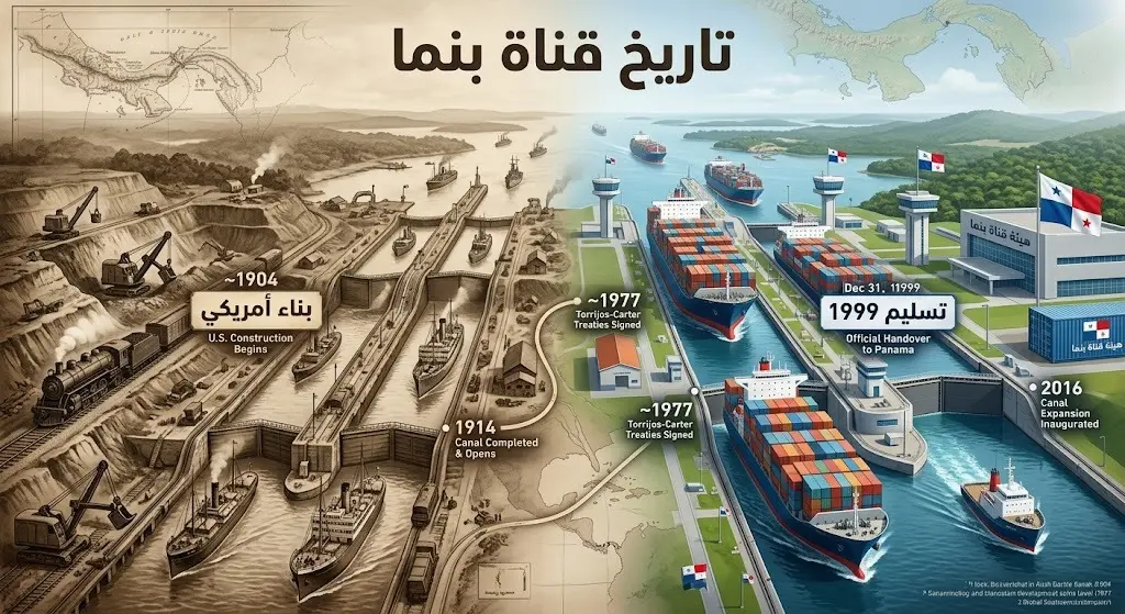 إنفوجرافيك تاريخي يوضح مراحل إدارة قناة بنما منذ بدء البناء الأمريكي في القرن العشرين وحتى تسليمها رسمياً إلى الحكومة البنمية عام 1999.