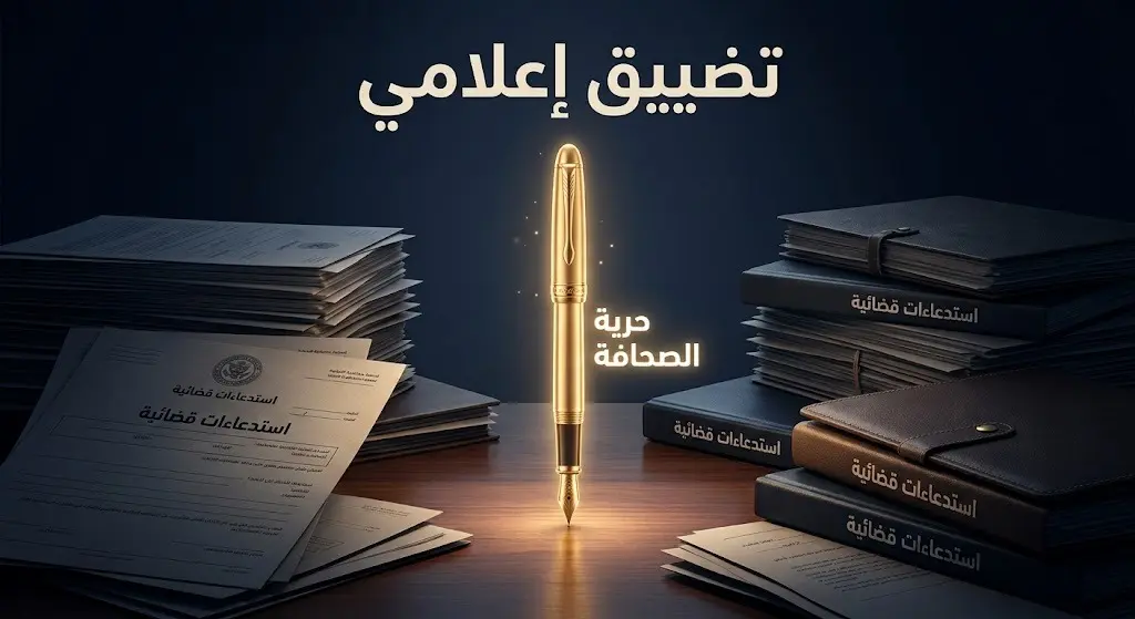 تصميم تعبيري يظهر قلماً ذهبياً محاطاً بوثائق استدعاءات قضائية، يرمز للضغوط على حرية الصحافة