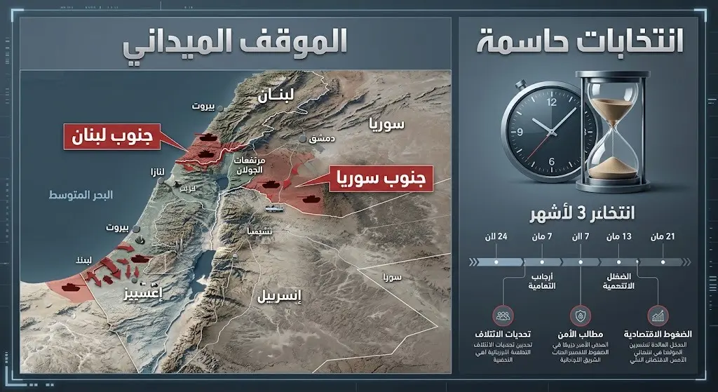تصميم بياني يعرض خريطة التواجد العسكري الإسرائيلي في جنوب سوريا ولبنان، ويربطها بالضغوط السياسية والانتخابات الإسرائيلية القادمة.