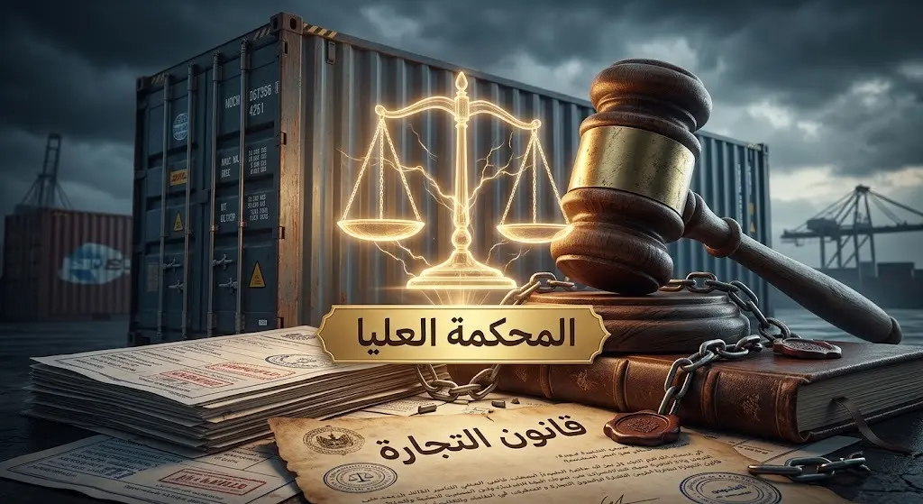 صورة تعبيرية تدمج بين المطرقة القضائية والوثائق التجارية للدلالة على التدخل القانوني للمحكمة العليا في قرارات الرسوم الجمركية.