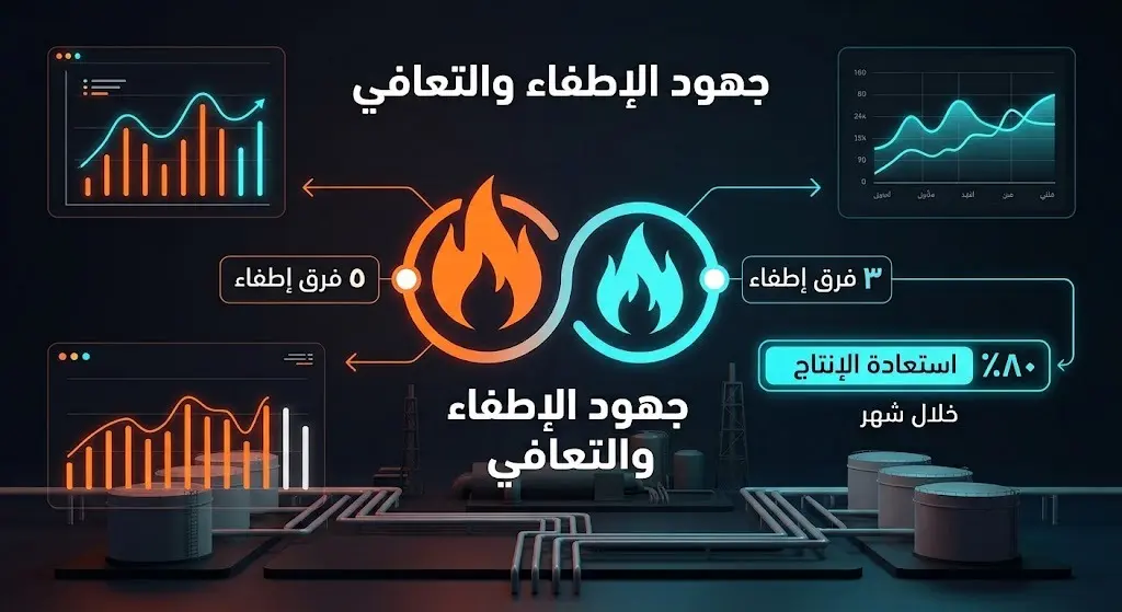 إنفوجرافيك يستعرض توزيع فرق الإطفاء للسيطرة على الحرائق النفطية المزدوجة وخطة مؤسسة البترول لاستعادة 80% من الإنتاج خلال شهر.