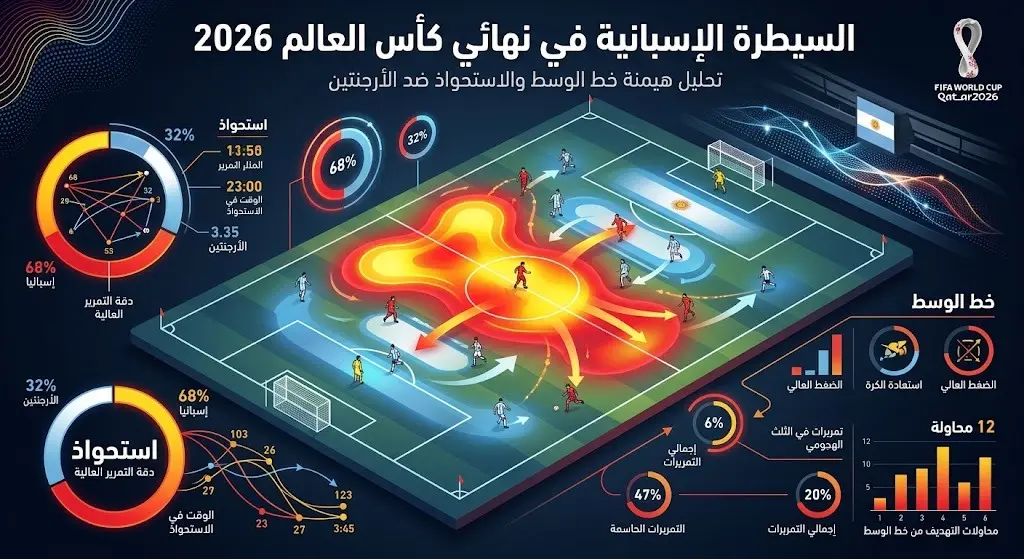 إنفوجرافيك تكتيكي ثلاثي الأبعاد يوضح سيطرة لاعبي منتخب إسبانيا على خط الوسط واستحواذهم على الكرة أمام الأرجنتين في نهائي كأس العالم 2026.