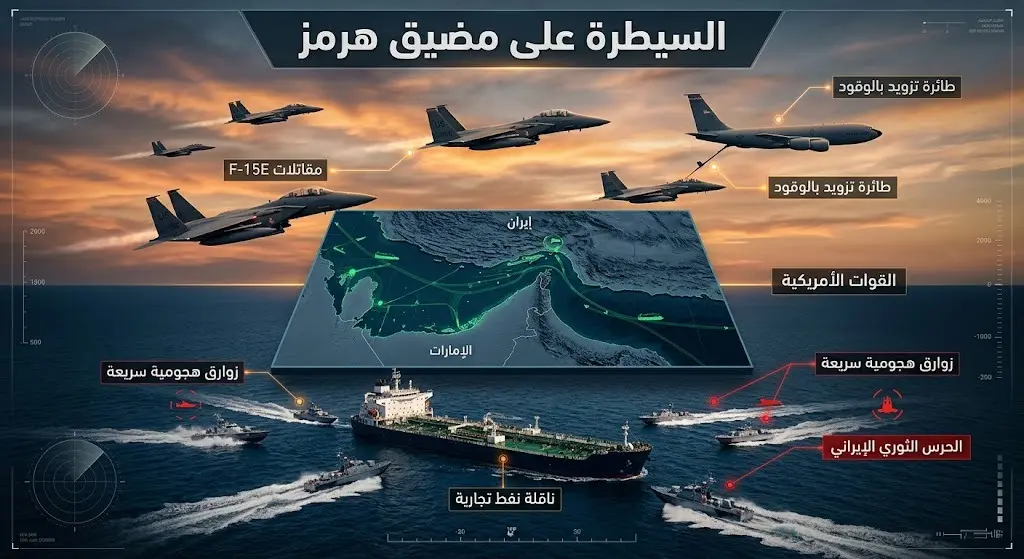 رسم بياني إخباري ثلاثي الأبعاد يوضح خريطة مضيق هرمز مع مؤشرات للتصعيد العسكري، يبرز المقاتلات الأمريكية والزوارق الإيرانية مع نصوص توضيحية.