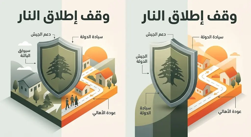 تصميم بصري يبرز دور المؤسسات الشرعية والجيش اللبناني في تثبيت وقف إطلاق النار وعودة الأهالي.
