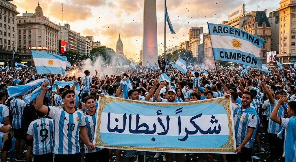 حشود ضخمة من الجماهير الأرجنتينية تملأ الشوارع وترفع الأعلام ورايات الشكر لدعم لاعبي المنتخب الوطني.