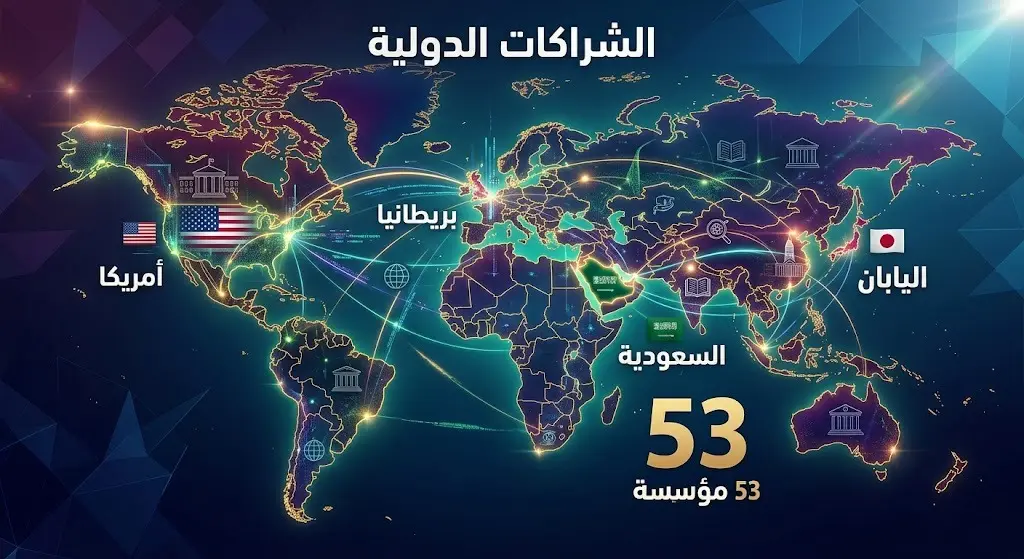 تصميم بصري وخريطة تفاعلية توضح الشراكات الأكاديمية لبرنامج موهبة مع 53 مؤسسة حول العالم بما فيها السعودية، اليابان، أمريكا، وبريطانيا.