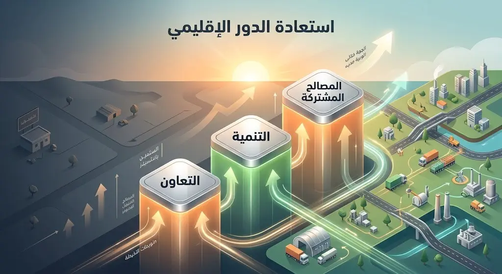 إنفوجرافيك ثلاثي الأبعاد يوضح ركائز المرحلة المقبلة لسوريا: التعاون، التنمية، والمصالح المشتركة.