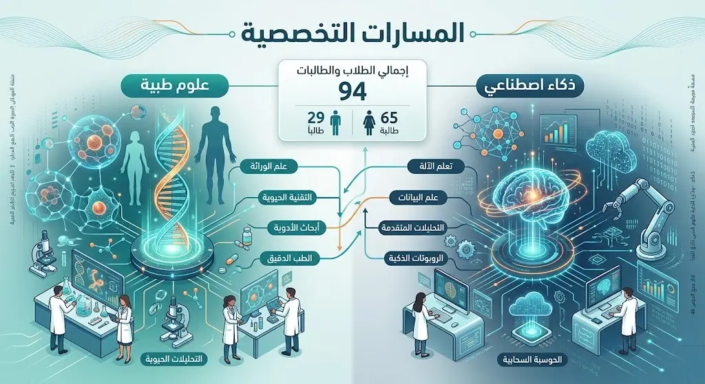 إنفوجرافيك يوضح مسارات برنامج موهبة الإثرائي بجامعة الطائف وتوزيع الطلاب والطالبات على التخصصات العلمية مثل الذكاء الاصطناعي والعلوم الطبية.