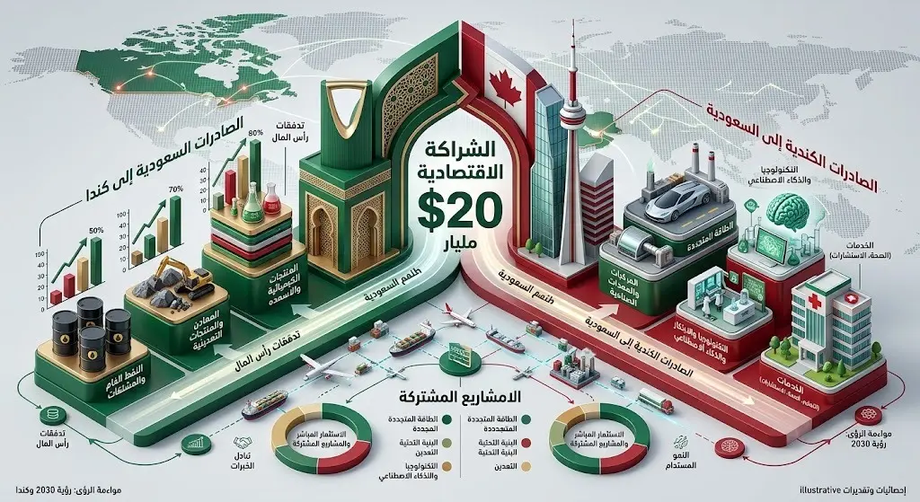 إنفوجرافيك يوضح حجم الشراكة الاقتصادية والتبادل التجاري بين السعودية وكندا بقيمة تتجاوز 20 مليار دولار