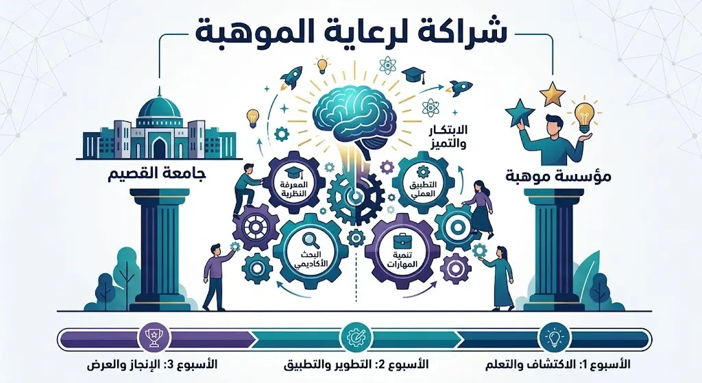 رسم تعبيري وإنفوجرافيك يجسد الشراكة الاستراتيجية بين جامعة القصيم ومؤسسة موهبة لرعاية الموهوبين ودمج المعرفة بالتطبيق العملي.