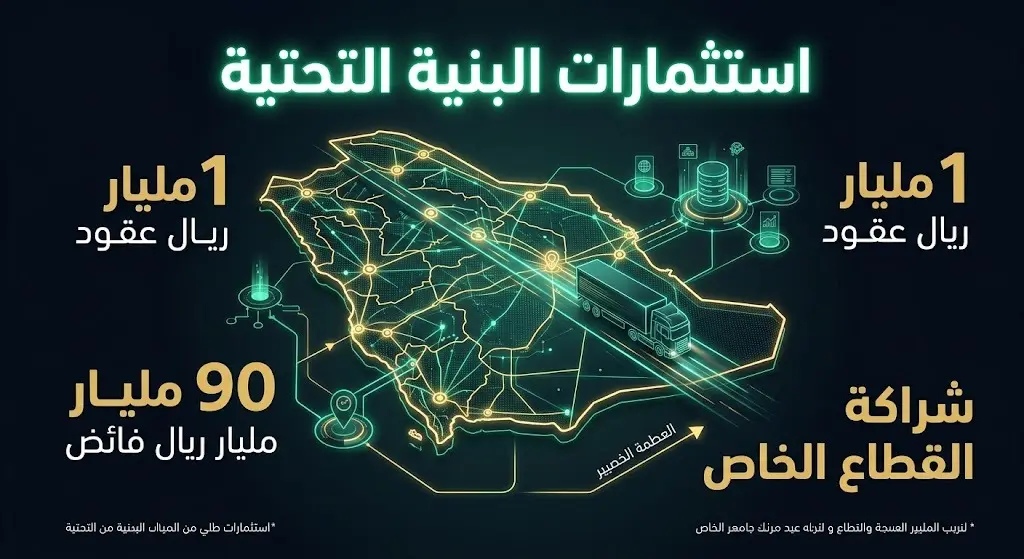 تصميم بصري حديث يدمج شبكة رقمية لخريطة المملكة مع عناصر لوجستية، ويتضمن أرقاماً تبرز حجم الاستثمارات والشراكة مع القطاع الخاص.