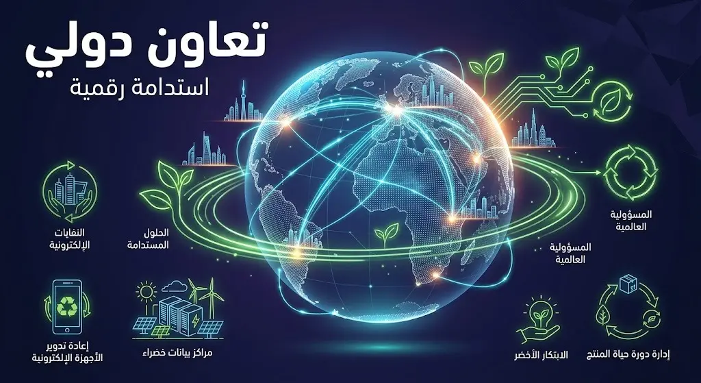 تصميم بصري يعبر عن الشراكة الدولية، يظهر خريطة عالمية مضيئة بخطوط التواصل التقني والاستدامة تعبيراً عن التعاون العالمي.