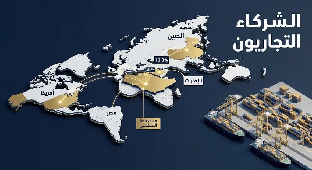 إنفوجرافيك ثلاثي الأبعاد يوضح خريطة الشركاء التجاريين للمملكة العربية السعودية وحركة الحاويات في ميناء جدة الإسلامي.